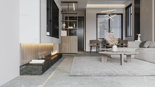 istock Modern Open-Plan Living Room with Marble Fireplace and Neutral Tones 2196705170
