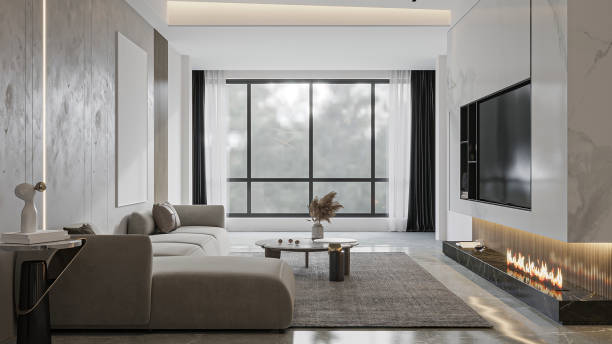 istock Modern Living Room with Marble Fireplace and Large Windows 2196705188