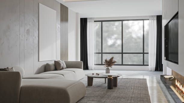 istock Modern Minimalist Living Room with Large Window and Fireplace 2196705209