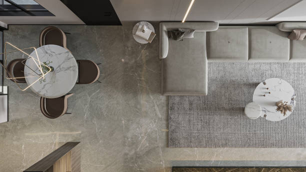 Modern Open Plan Living and Dining Space with Marble Accents, Top View