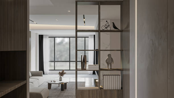 Modern Open-Plan Living Room with Glass Partition and Decorative Accents