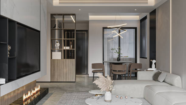 istock Modern Open-Plan Living Room with Fireplace and Geometric Chandelier 2196705222