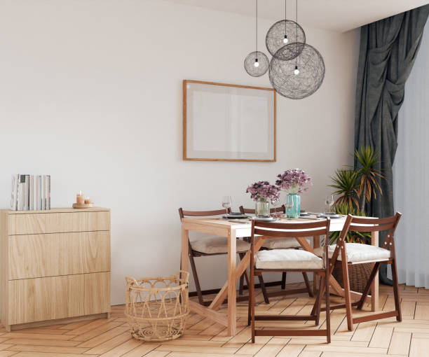 istock Frame picture interior, mockup frame, horizontal poster wood one frame in empty interior dining table cozy home room in illustration 3d render 2196707141
