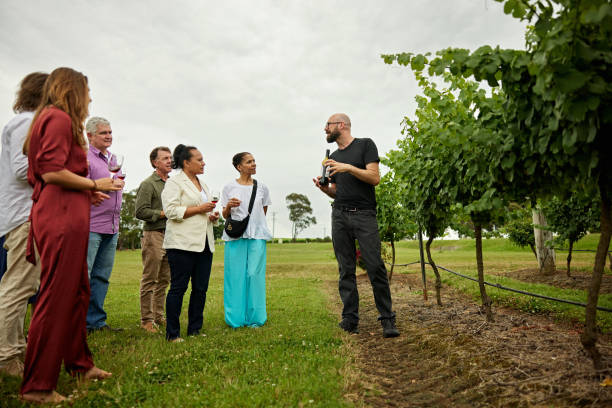 istock Winery representative taking guests on tour of vineyard 2196710500