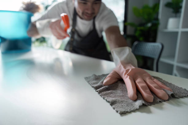 istock Professional Cleaner Wiping a Table with Gloves and Spray Bottle in a Modern Home Environment 2196716086