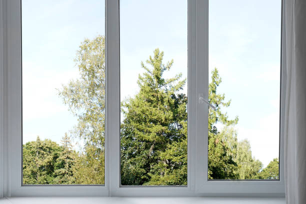 istock View from the window on the garden green trees. 2196716236