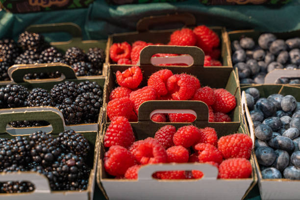 stand at a farmers market with small cardboard baskets of raspberries, blackberries and blueberries