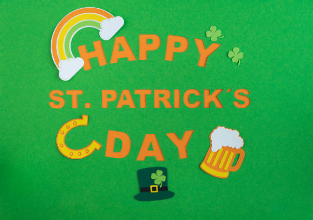 Bright green hat adorned with black band and three-leaf clover emblem. Background is filled with blurred shamrocks, creating celebratory Irish holiday vibe. Copy space. Vertical picture. 3D render