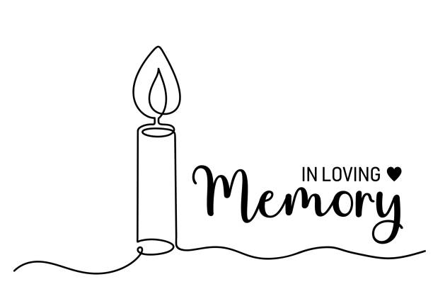 Minimalist condolence card with one continuous line burning candle and text lettering - in loving memory. Funeral cursive calligraphy, memorial card Minimalist condolence card with one continuous line burning candle and text lettering - in loving memory. Funeral cursive calligraphy, memorial card. serious tear stock illustrations