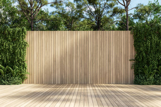 Modern contemporary empty wooden terrace with blank plank wall for copy space 3d render