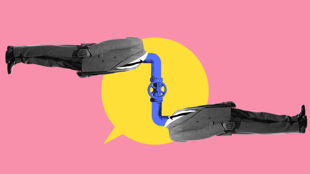 istock Surreal collage showing two people connected through blue pipeline, and yellow speech bubbles, symbolizing communication and networked conversations. 2196728669