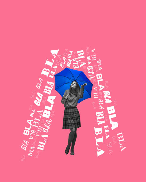 istock Monochrome woman standing under blue umbrella with bla bla bla text falling down on pink background. Conceptual design. 2196728672
