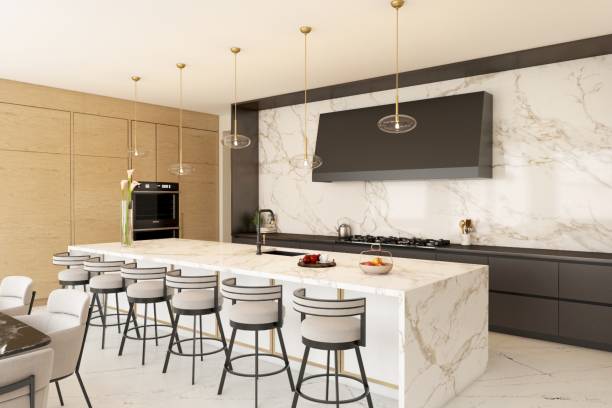 istock Modern Kitchen Design with Marble Elements and Stylish Lighting Fixtures 2196728903