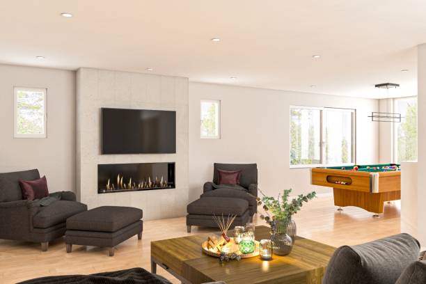 istock Modern Lounge Area Featuring a Cozy Fireplace and Stylish Game Room 2196729010