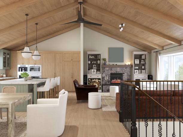 istock Modern Living Room with Fireplace and Vaulted Wooden Ceiling 2196729093