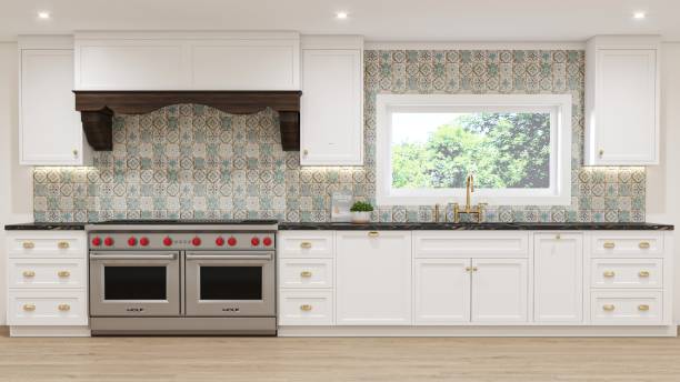 istock Modern Kitchen Interior with White Cabinets and Mosaic Backsplash 2196729148