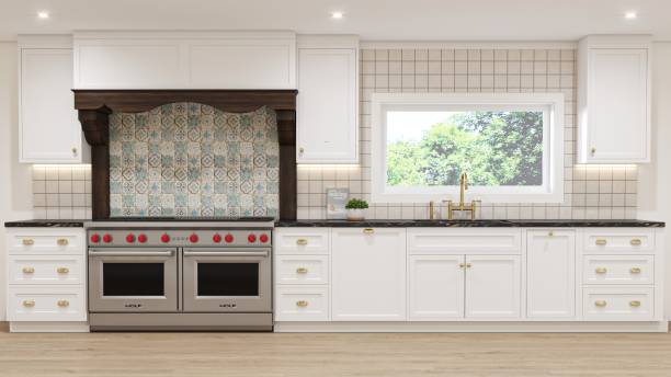 istock Modern Kitchen With White Cabinetry and Elegant Tiled Backsplash 2196729229