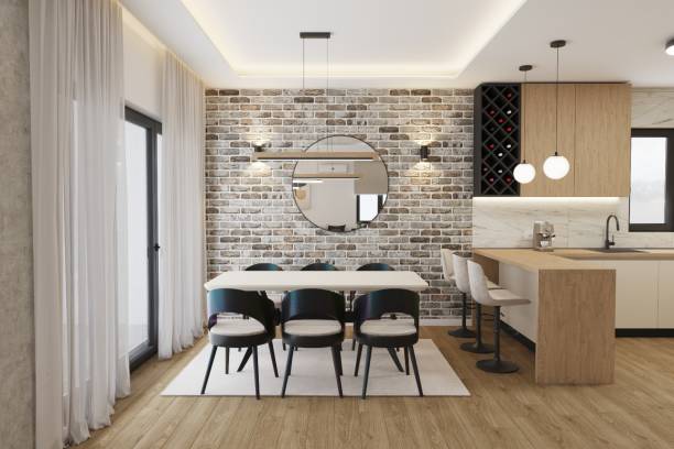 Modern Dining and Kitchen Interior with Brick Wall and Wooden Accents