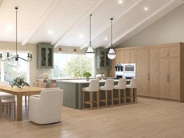 istock Modern Farmhouse Kitchen With Large Island and Wooden Dining Table 2196729274