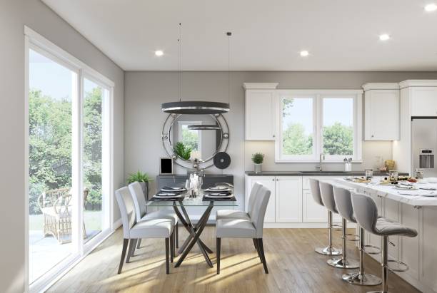 istock Bright Modern Dining Room with Open Kitchen and Elegant Furniture Details 2196729285