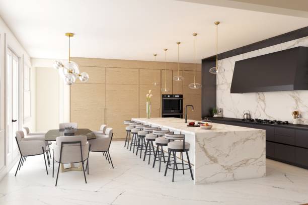 Modern Luxury Kitchen and Dining Area Interior with Marble Details