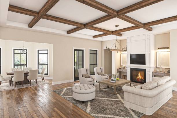 Modern Living Room with Rustic Decor and Wooden Beams, Featuring a Fireplace