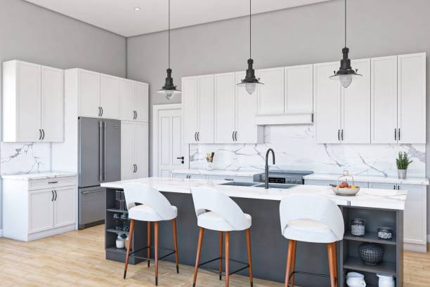 istock Modern Spacious Kitchen with White Cabinets and Marble Accents 2196729567
