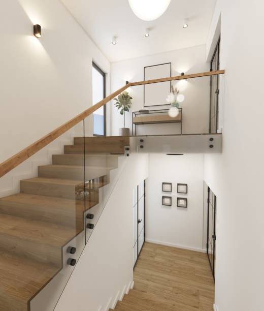 istock Modern Minimalist Staircase with Glass Railing and Natural Light 2196729721