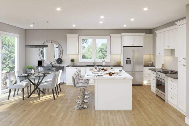 istock Modern Open Kitchen and Dining Area with White Cabinets and Ample Natural Light 2196729752