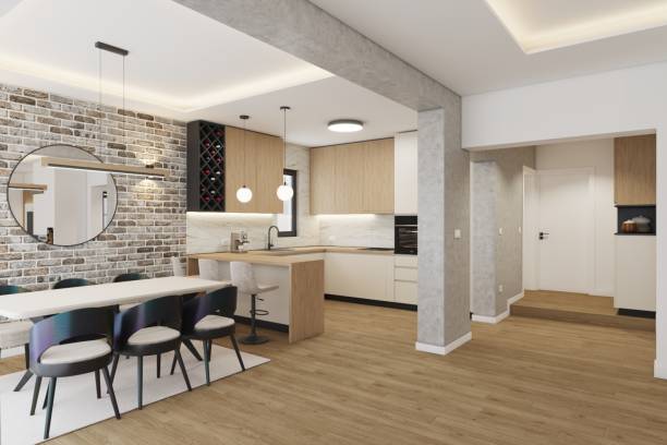 istock Modern Kitchen and Dining Area With Brick Wall and Contemporary Decor 2196730164