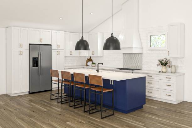 istock Modern Kitchen Interior with Blue Island and White Cabinetry 2196730186