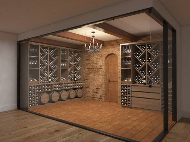 Modern Wine Cellar with Wooden Racks and Brick Walls Inside a Glass Enclosure