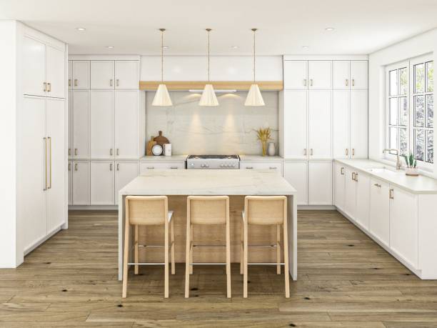 istock Modern White Kitchen Interior with Wooden Highlights and Large Central Island 2196730399
