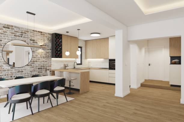 istock Modern Kitchen and Dining Area with Brick Wall and Wooden Accents 2196730577