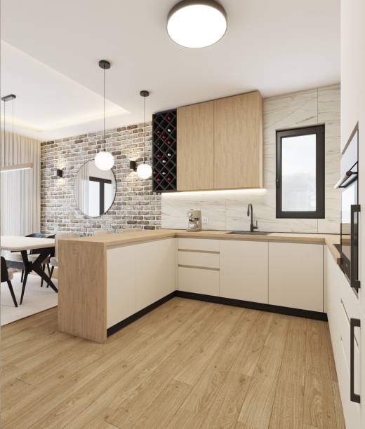 istock Modern Kitchen Interior with Wooden Accents and Brick Wall Design 2196730721
