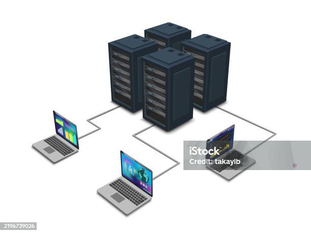 Computer Server Positioning Laptop Connected To Server Stock Illustration - Download Image Now ...