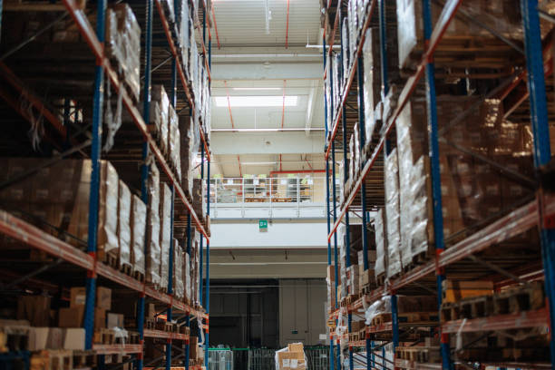 istock Large warehouse with organized shelves and mezzanine level 2196742065