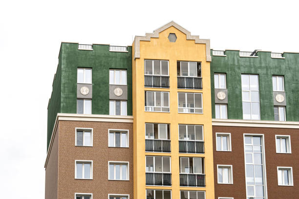 istock Colorful modern apartment buildings with decorative facades 2196750562