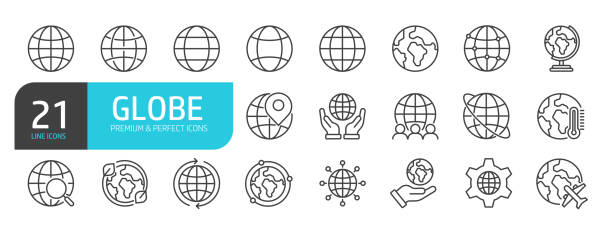Set of line icons related to globe, earth, gobal, network. Outline icons collection. Editable stroke. Vector illustration.
