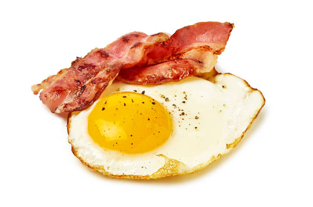 istock Food fried egg and bacon on white background, delicious cuisine 2196754939