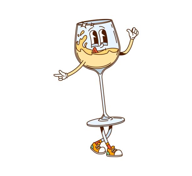 Retro groovy white wine glass adorable character Retro groovy white wine glass adorable character. Winery alcohol beverage 60s 70s cartoon vector mascot. Restaurant sauvignon white sparkling wine cute dancing personage or funny groovy character oman cartoon stock illustrations