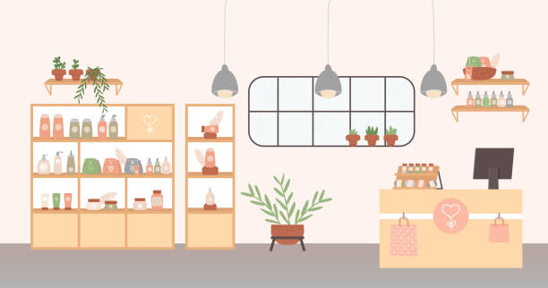 istock Cosmetics store design interior with shelves and racks display showcasing hygiene beauty products 2196756477