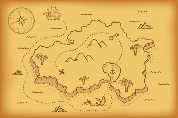 Old pirate map of treasure island on an old parchment paper. Vector illustration.