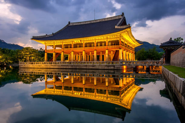 Gyeongbokgung Palace at night in seoul,Korea. stock photo