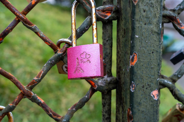 A vibrant pink lock hangs securely on a weathered fence in a lush park, symbolizing love and connection, while clouds drift lazily overhead.