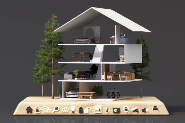 istock Modern smart home cross section with multiple floors, showcasing of technology and natural elements. The futuristic interface automation, security, and connectivity in a living space. 3d rendering. 2196787818