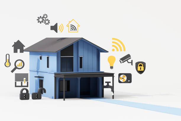 istock Modern smart home concept with a sleek blue house featuring automated security, lighting, and connectivity icons, representing innovative home automation technology. 3d rendering. 2196787821