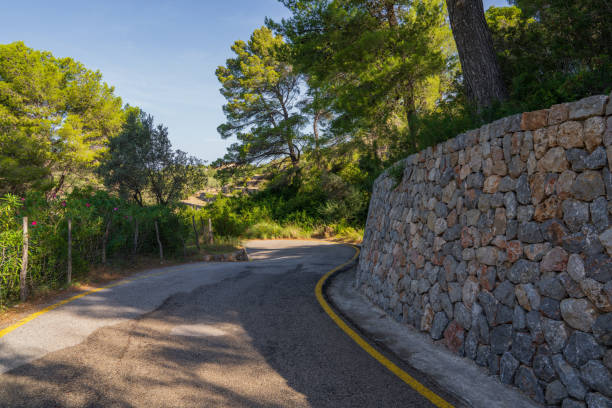 istock Quiet asphalt road running alongside traditional stone wall, surrounded by scenic Mediterranean landscape of Mallorca, Spain. 2196789156