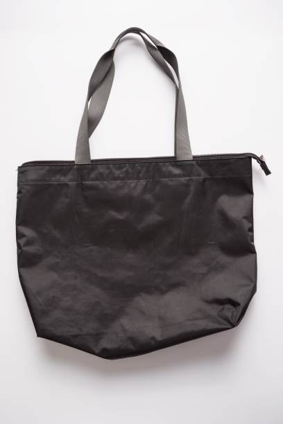 Black nylon tote bag with zipper and grey handles