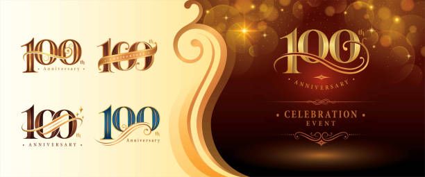 Set of 100th Anniversary logotype design, Hundred years Anniversary Logo, Elegant Classic Logo, Luxury Vintage and retro Serif Number 100, Celebrating Anniversary Logo silver and golden for Congratulation celebration event, invitation, greeting